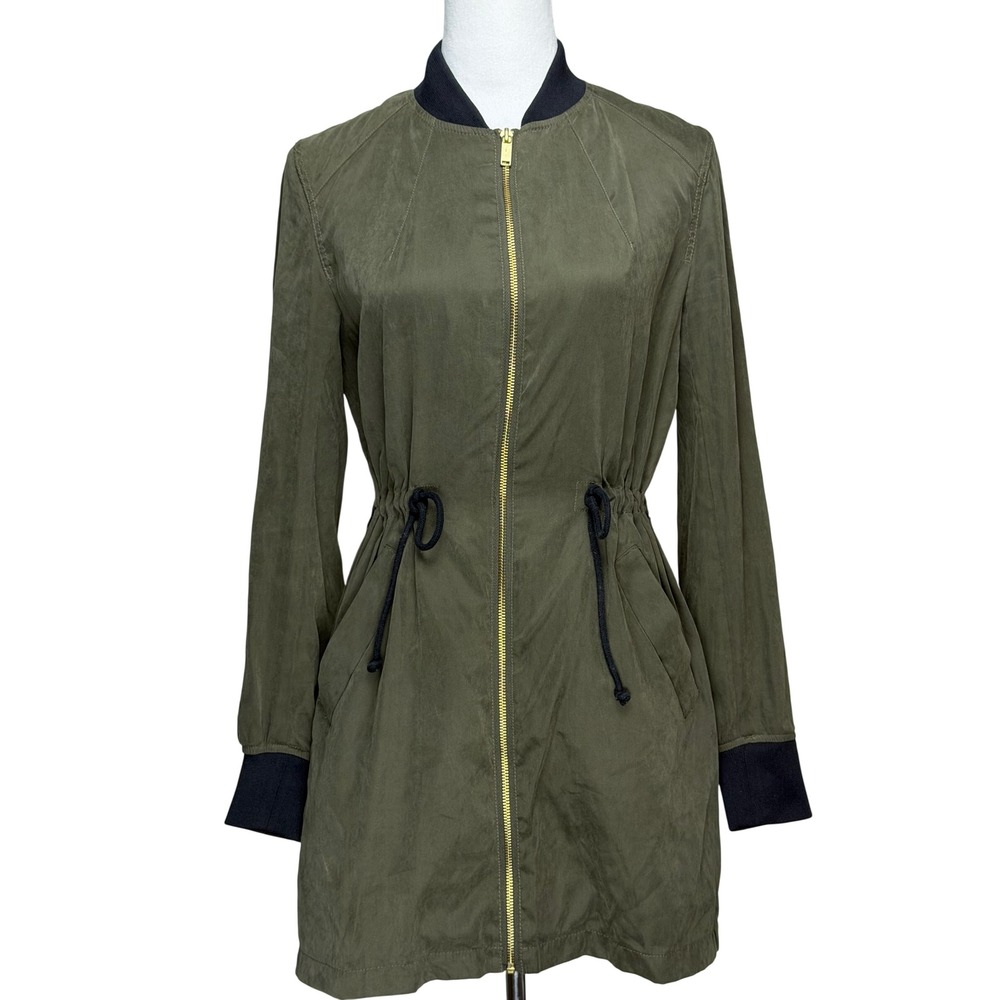 H&M Divided Women Jacket 8 Green Longline Drawstring Waist Zip Up Bomber Utility